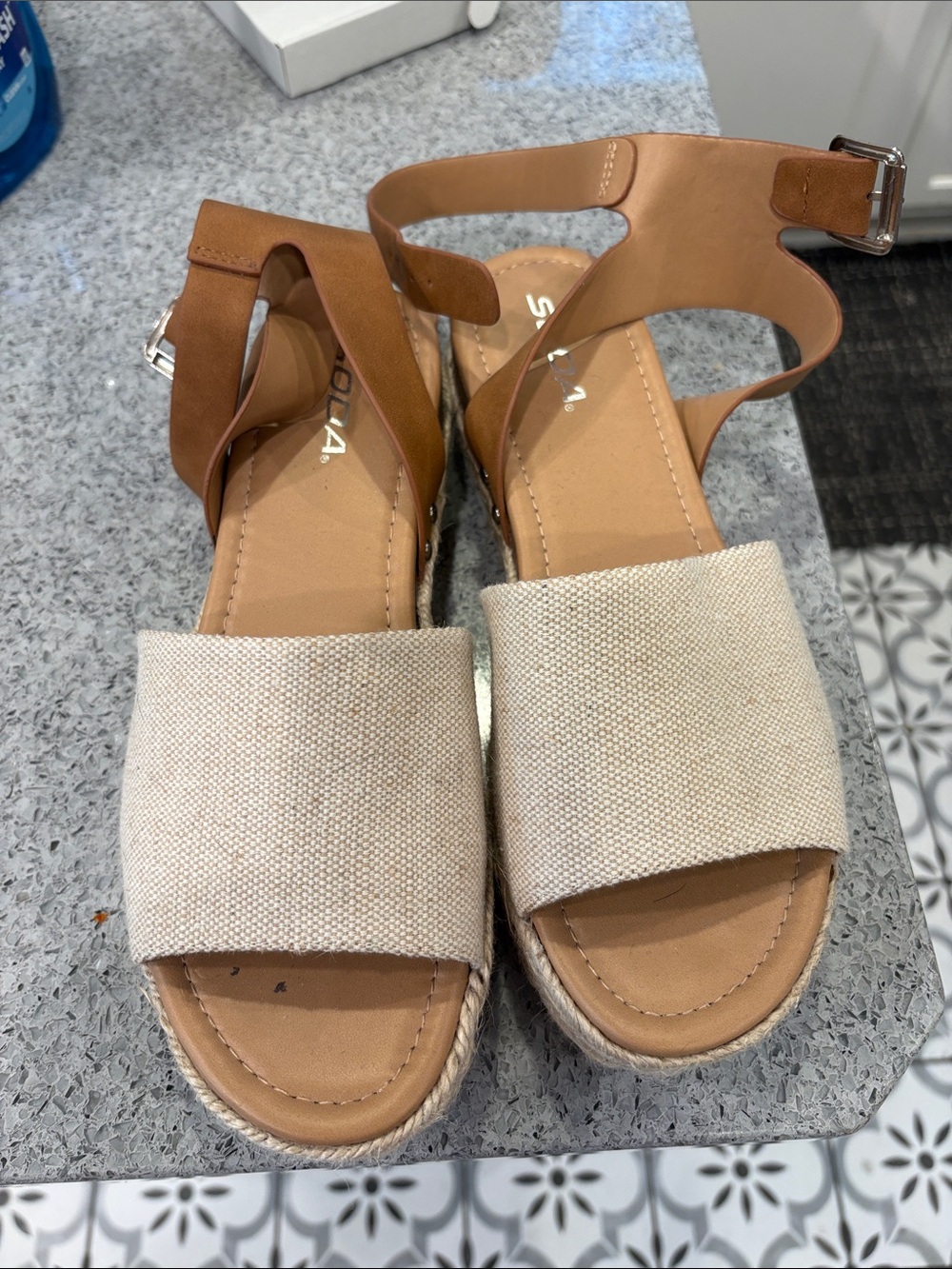 Soda Tan Leather & Cream Canvas Wedge Sandals